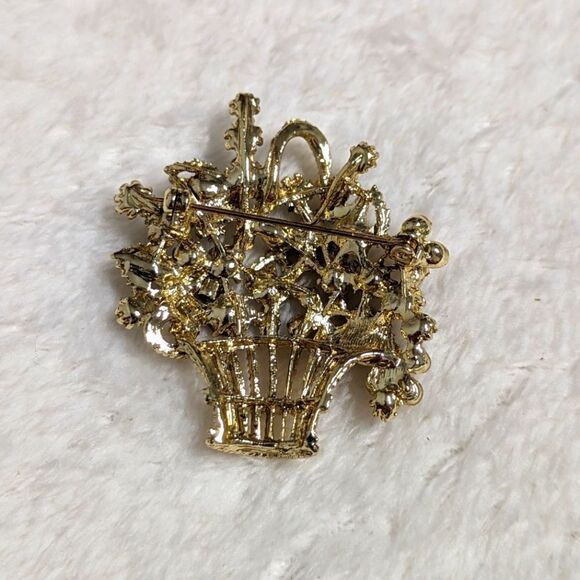 Vintage Goldtone & Rhinestone Floral Basket Brooche - Picture 5 of 8